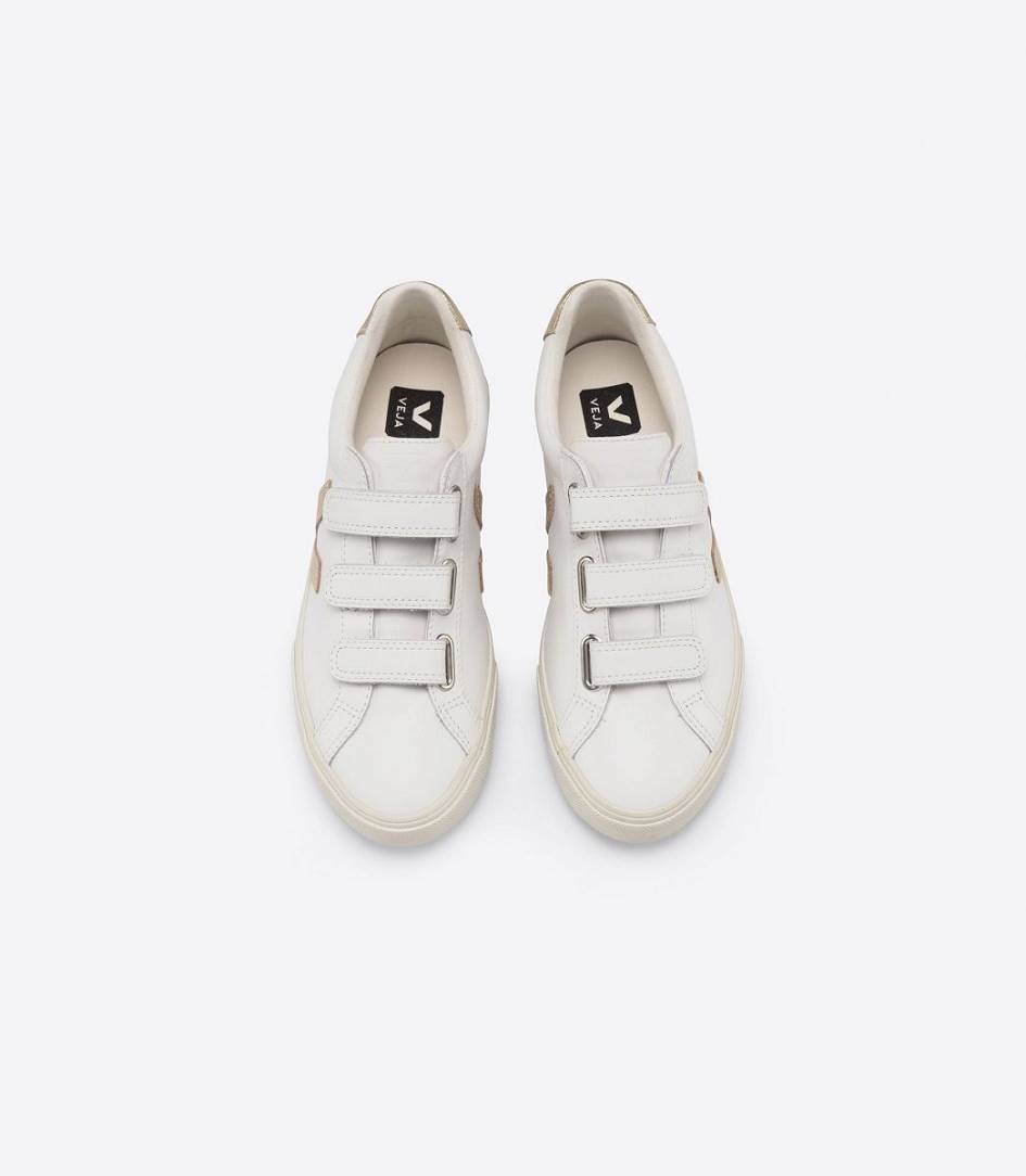 Veja 3-lock Leather Women's Sneakers White Gold | QCW362749