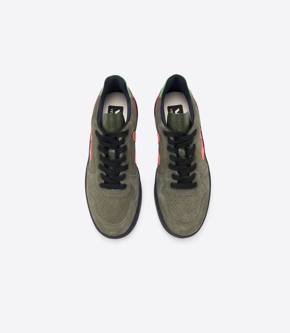 Veja V-10 Bastille Suede Men's Sneakers Olive Multico-Fluo | EOT792468