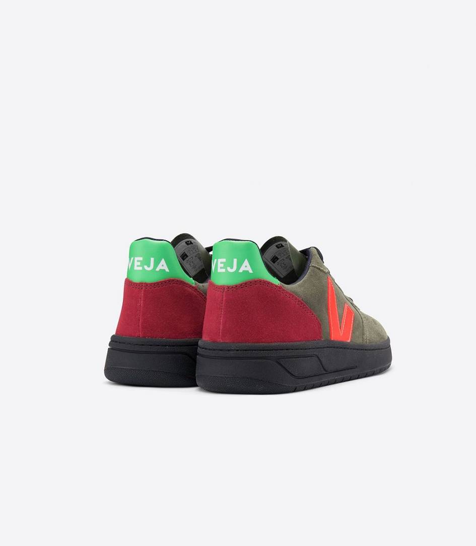 Veja V-10 Bastille Suede Men's Sneakers Olive Multico-Fluo | EOT792468