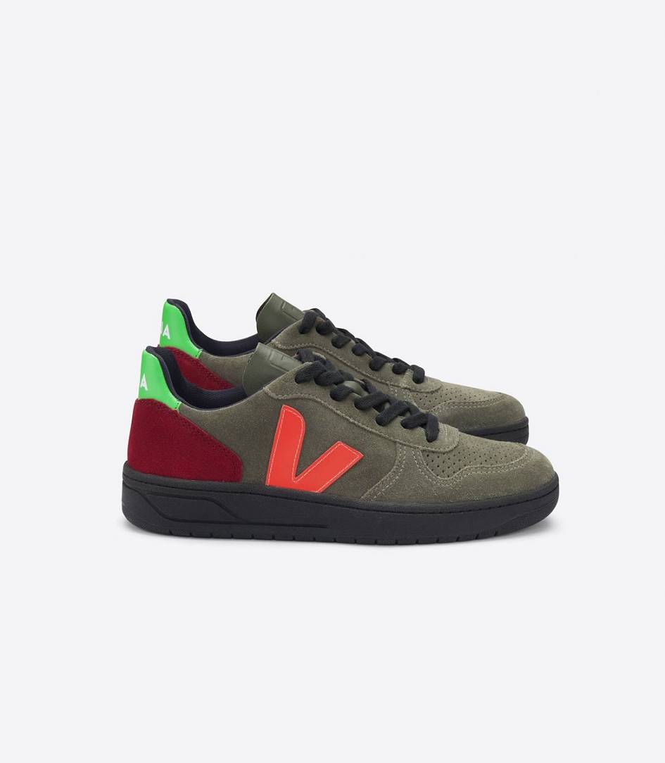 Veja V-10 Bastille Suede Men\'s Sneakers Olive Multico-Fluo | EOT792468