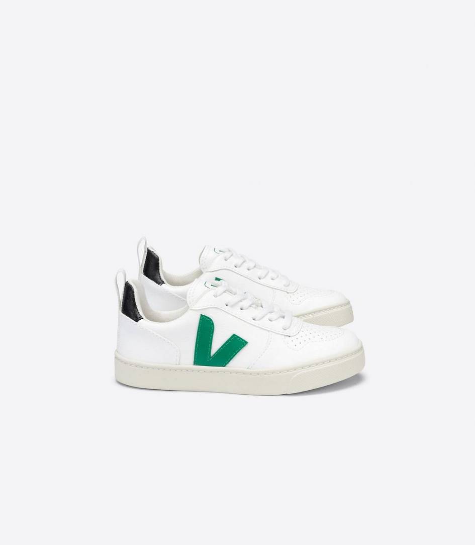 Veja V-10 Lace Cwl Kids\' Trainers White Emeraude Black | MFI813964