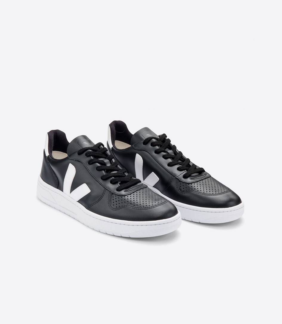 Veja V-10 Leather Men's Sneakers Black White White-Sole | XAO549613