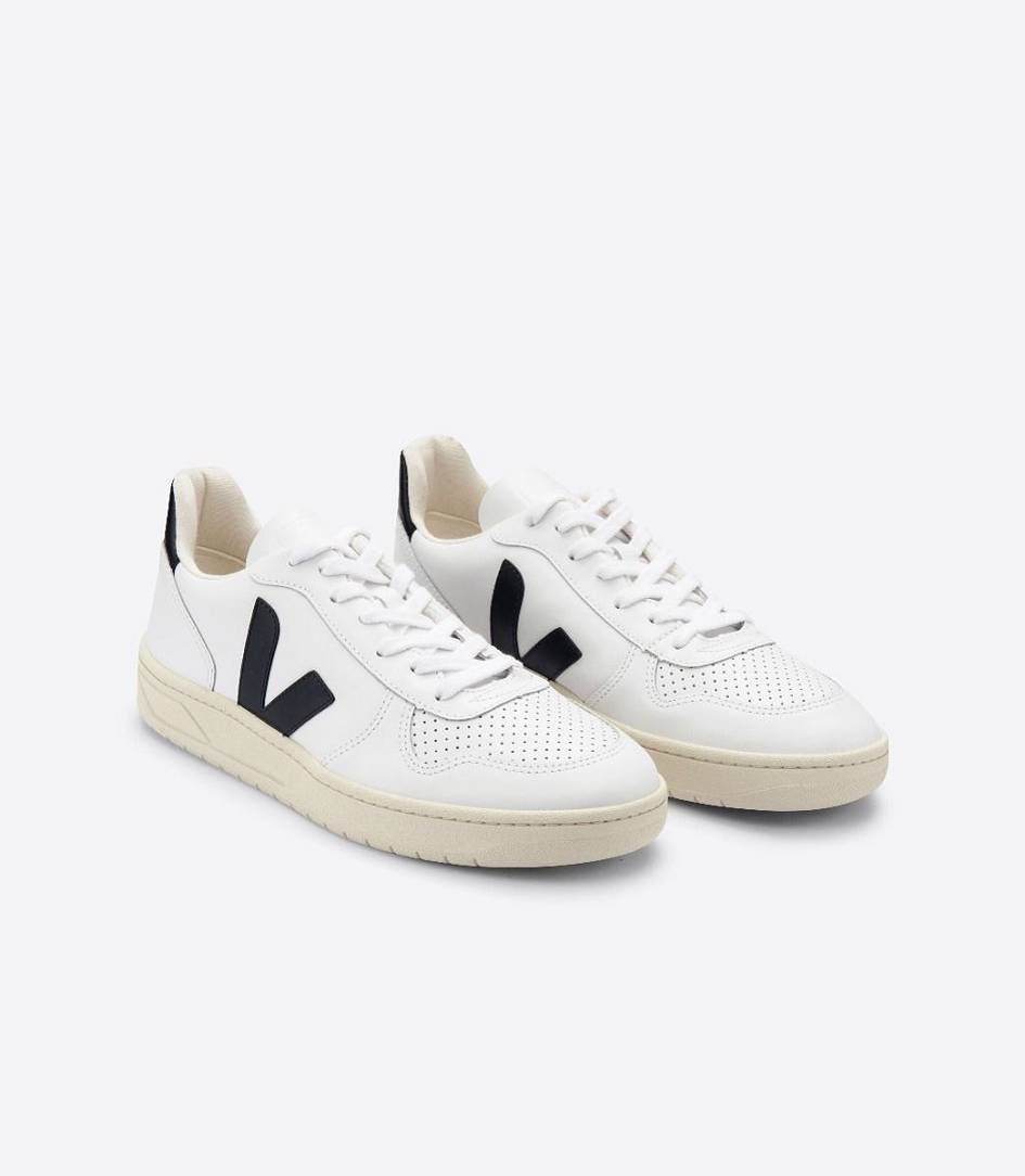 Veja V-10 Leather Men's Sneakers White Black | WOE038427