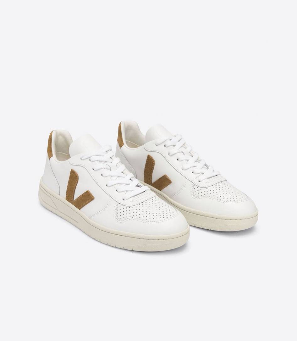 Veja V-10 Leather Men's Sneakers White Camel | NQU275986