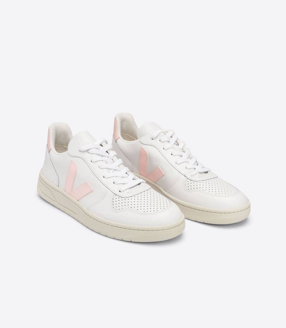 Veja V-10 Leather Women's Sneakers White Petale Rose Fluo | IAV817540