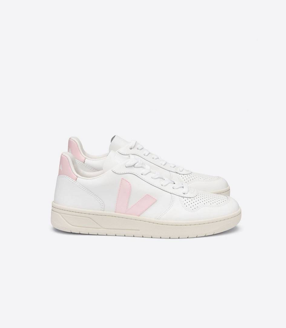 Veja V-10 Leather Women\'s Sneakers White Petale Rose Fluo | IAV817540