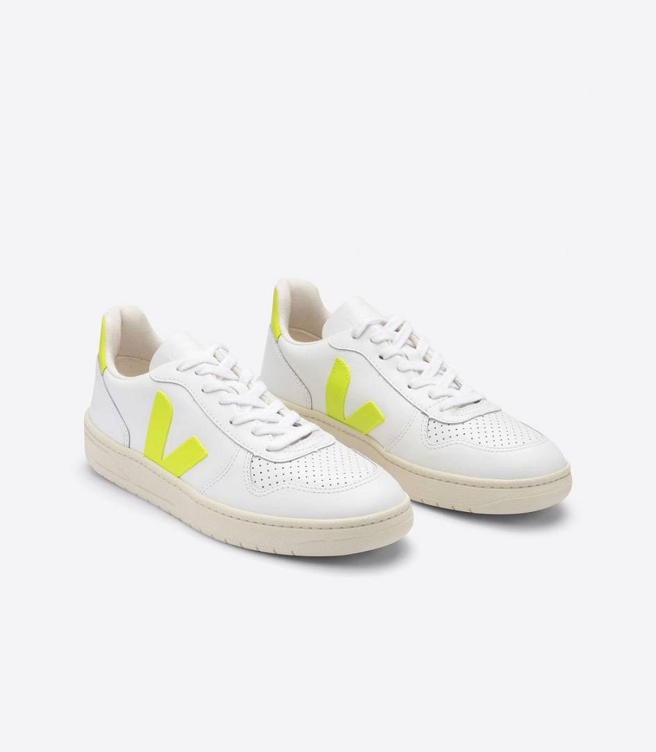 Veja V-10 Leather Women's Trainers White Jaune-Fluo | AED239087