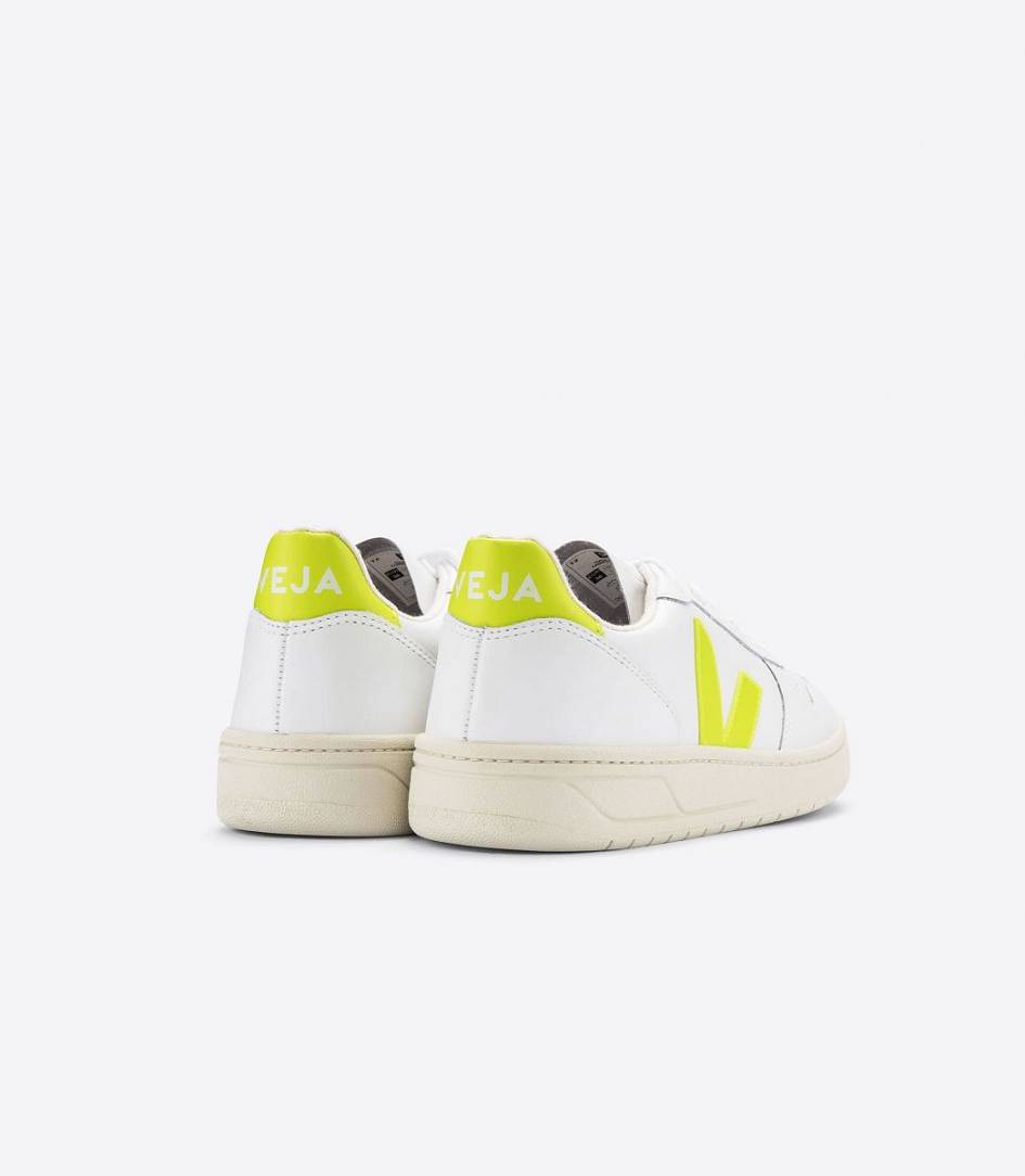 Veja V-10 Leather Women's Trainers White Jaune-Fluo | AED239087