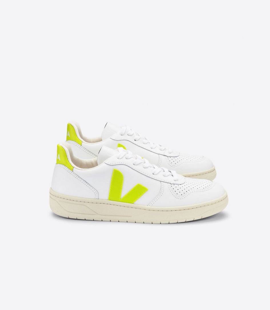 Veja V-10 Leather Women\'s Trainers White Jaune-Fluo | AED239087