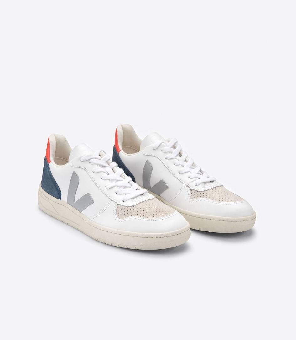 Veja V-10 Leather Women's Trainers White Oxford Grey Orange | HIB437691