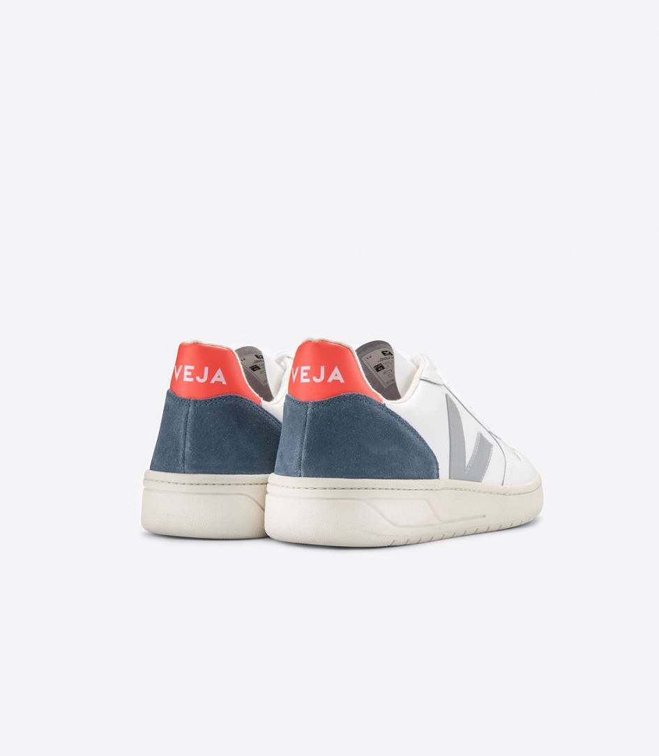 Veja V-10 Leather Women's Trainers White Oxford Grey Orange | HIB437691