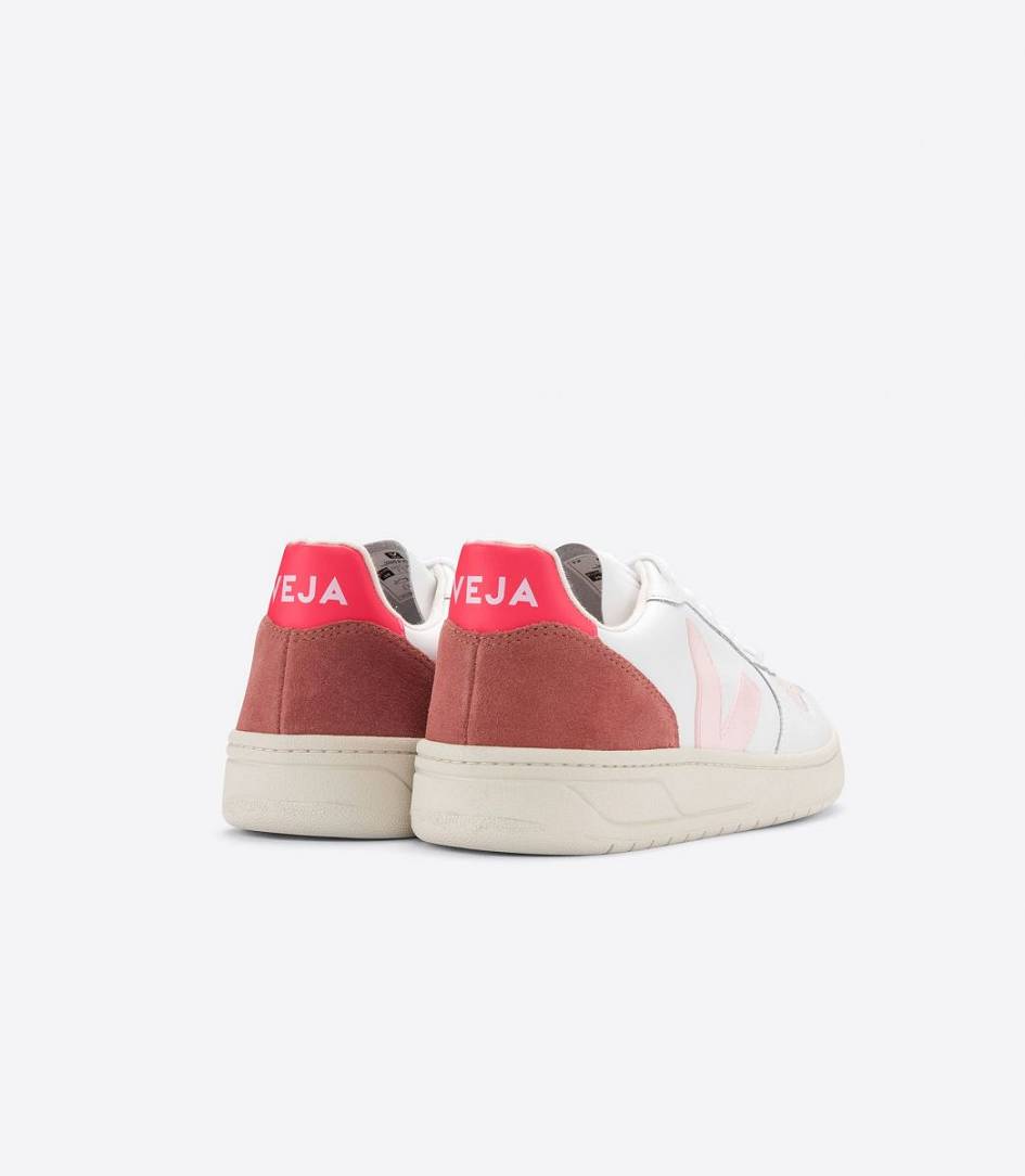 Veja V-10 Leather Women's Trainers White Petale Rose Fluo | ODG340217