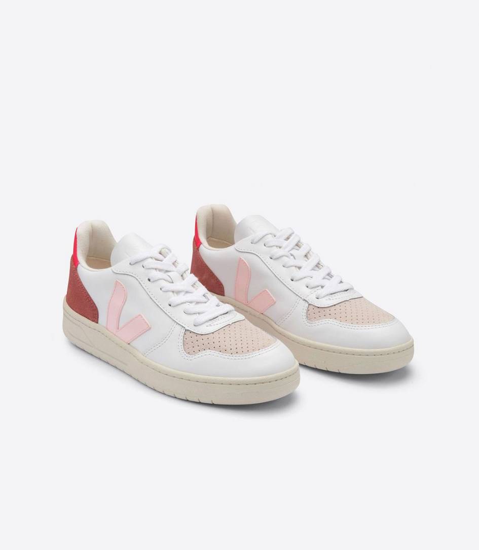 Veja V-10 Leather Women's Trainers White Petale Rose Fluo | ODG340217