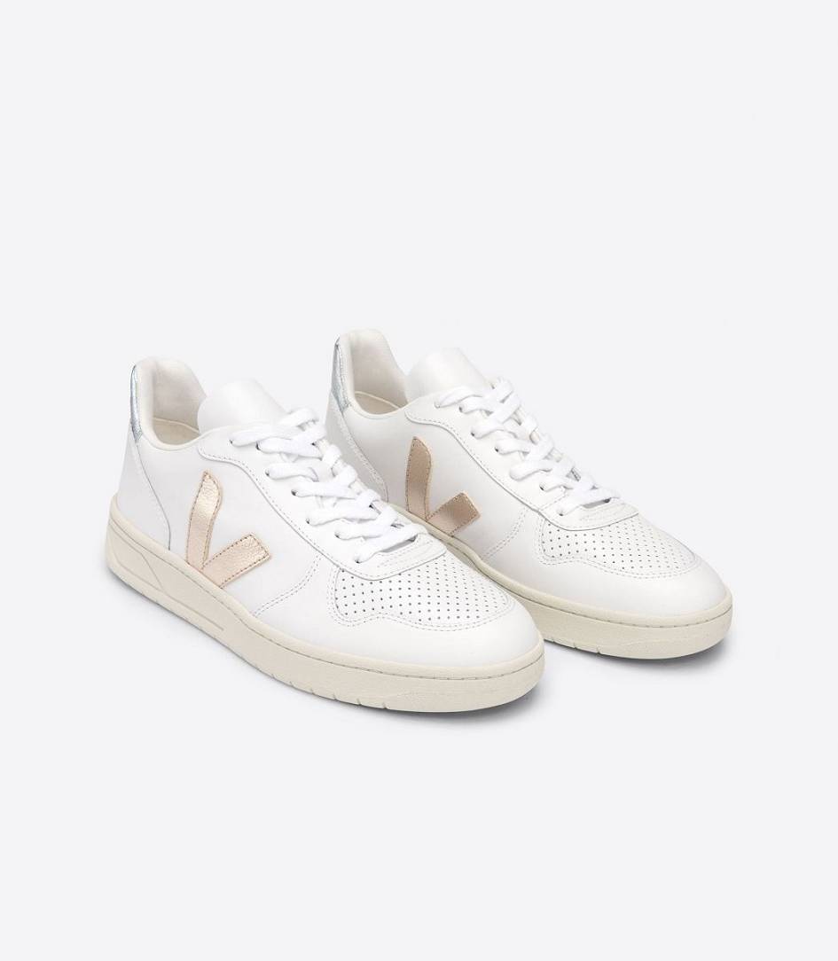 Veja V-10 Leather Women's Trainers White Petale Rose Fluo | XWY439158