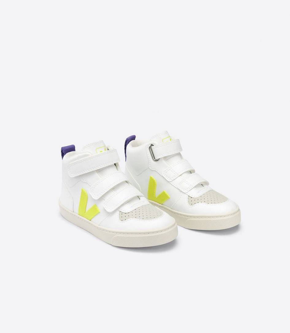 Veja V-10 Mid Cwl White Kids' Trainers White Jaune-Fluo Purple | ZBS270514