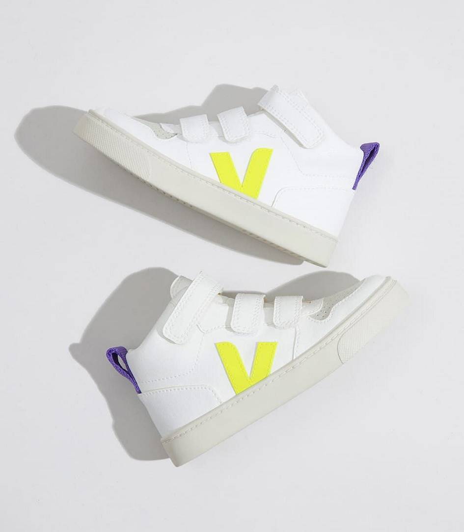 Veja V-10 Mid Cwl White Kids' Trainers White Jaune-Fluo Purple | ZBS270514