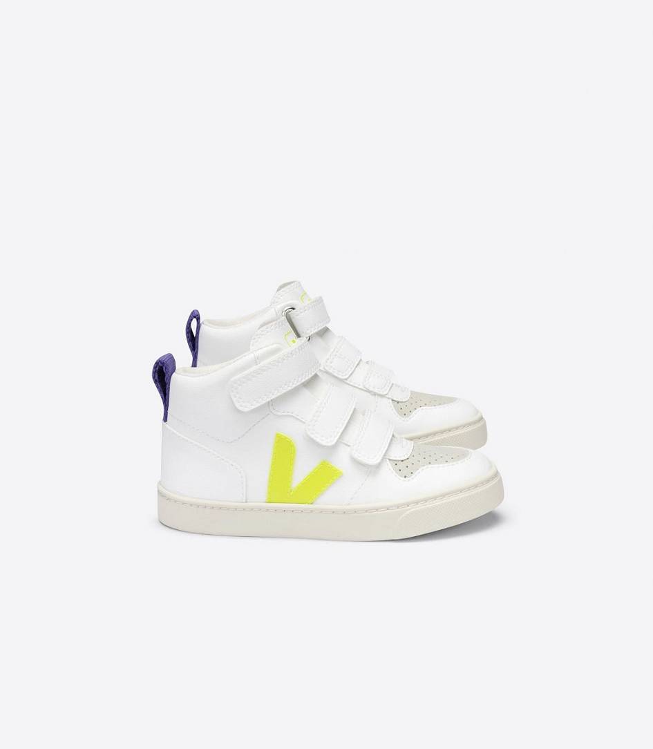 Veja V-10 Mid Cwl White Kids\' Trainers White Jaune-Fluo Purple | ZBS270514