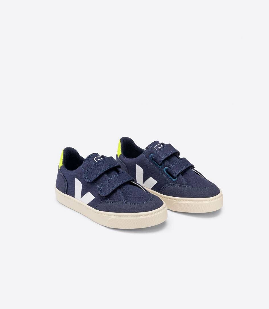 Veja V-12 Canvas Kids' Trainers Marine Jaune-Fluo | PSE561048