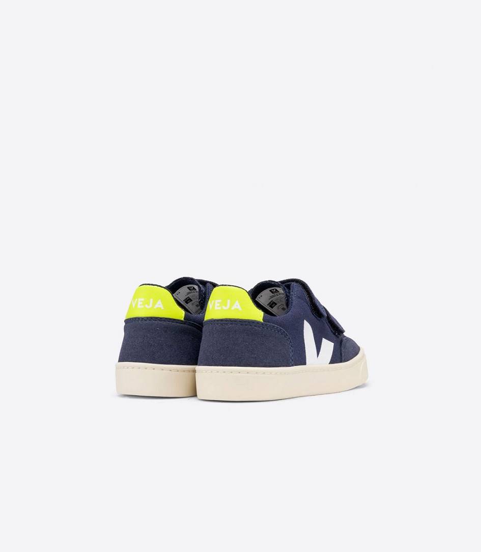 Veja V-12 Canvas Kids' Trainers Marine Jaune-Fluo | PSE561048