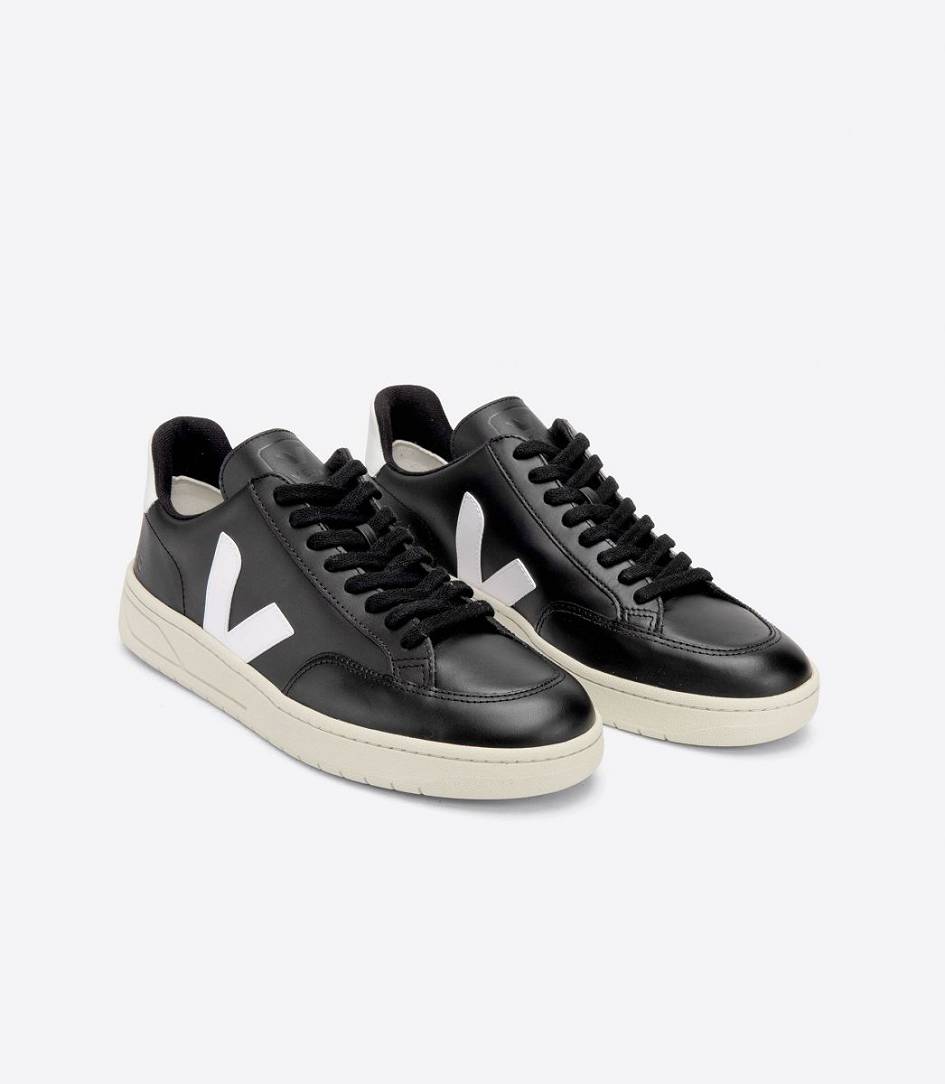 Veja V-12 Leather Men's Sneakers Black White | TCQ813729