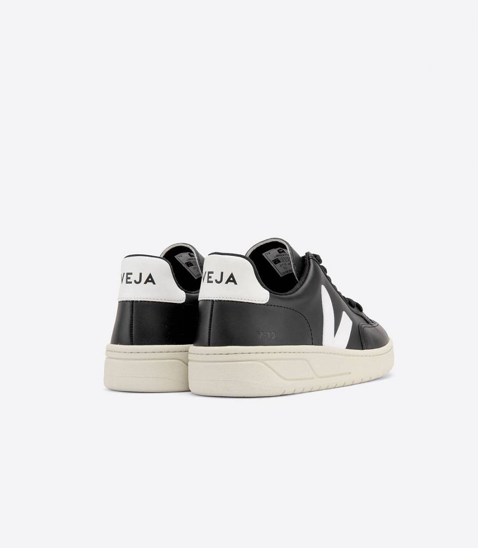 Veja V-12 Leather Men's Sneakers Black White | TCQ813729