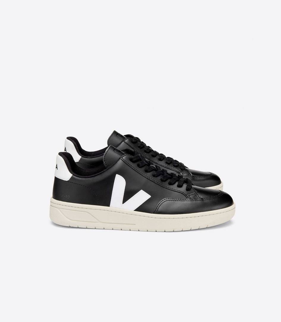 Veja V-12 Leather Men\'s Sneakers Black White | TCQ813729