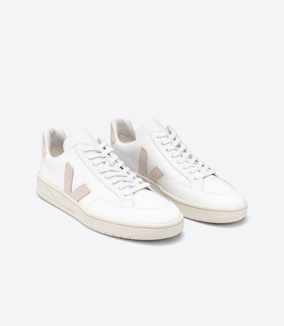 Veja V-12 Leather Men's Sneakers White Sable | HKA851736