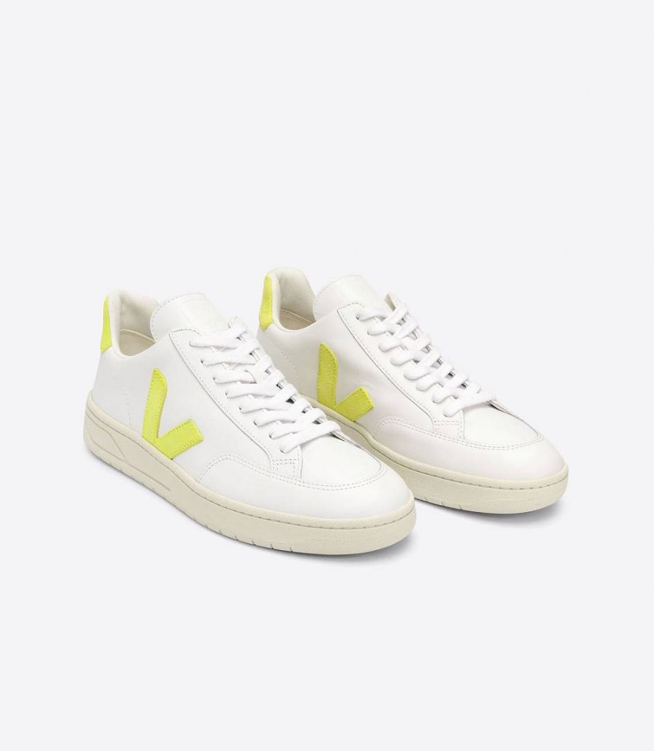 Veja V-12 Leather Men's Trainers White Jaune Fluo | EGT934867