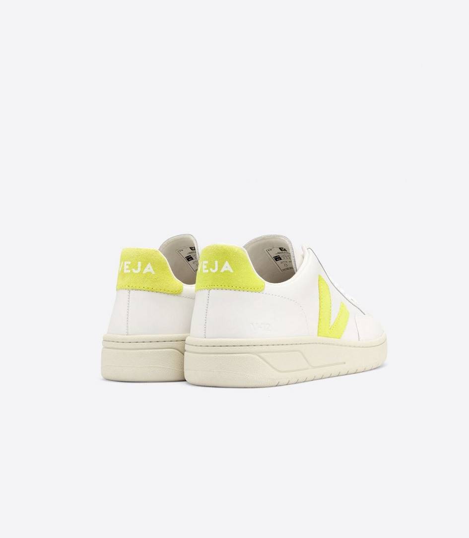 Veja V-12 Leather Men's Trainers White Jaune Fluo | EGT934867