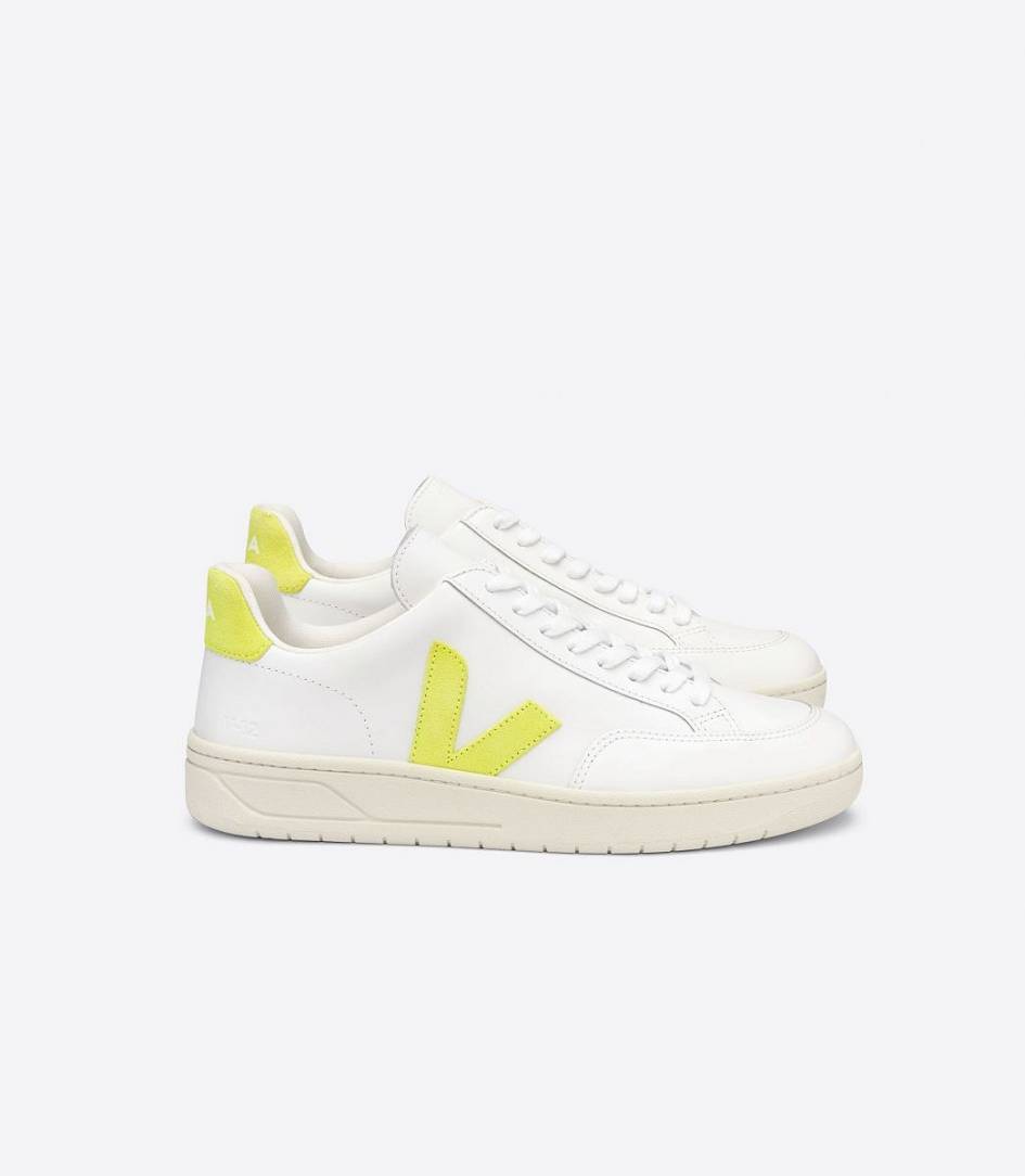 Veja V-12 Leather Men\'s Trainers White Jaune Fluo | EGT934867