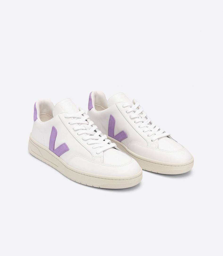 Veja V-12 Leather Women's Sneakers White Lavande | QFC125867