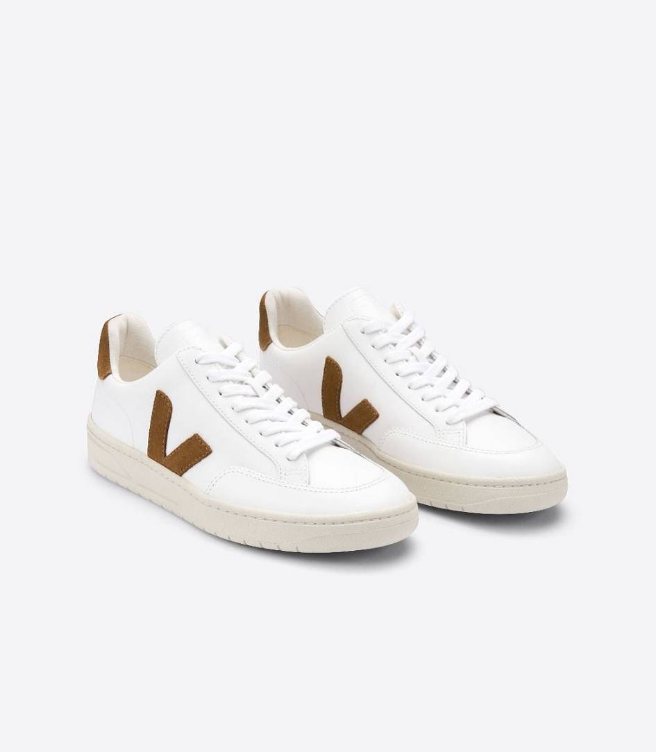 Veja V-12 Leather Women's Trainers White Camel | XPT547108