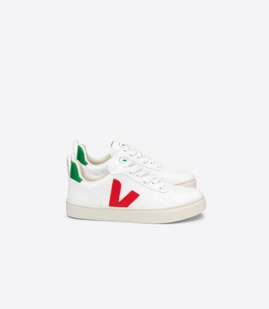 Veja V-10 Lace Cwl Kids' Trainers White Pekin Emeraude | TOS678193