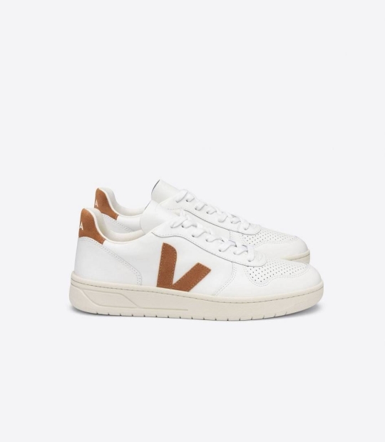 Veja V-10 Leather Men's Sneakers White Camel | NQU275986