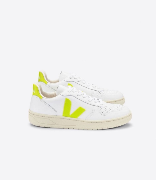 Veja V-10 Leather Men's Sneakers White Jaune-Fluo | LKM237809