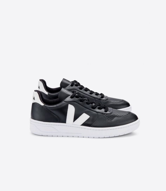 Veja V-10 Leather Women's Trainers Black White White-Sole | BLK781520