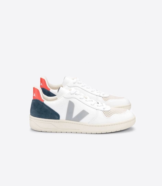 Veja V-10 Leather Women's Trainers White Oxford Grey Orange | HIB437691