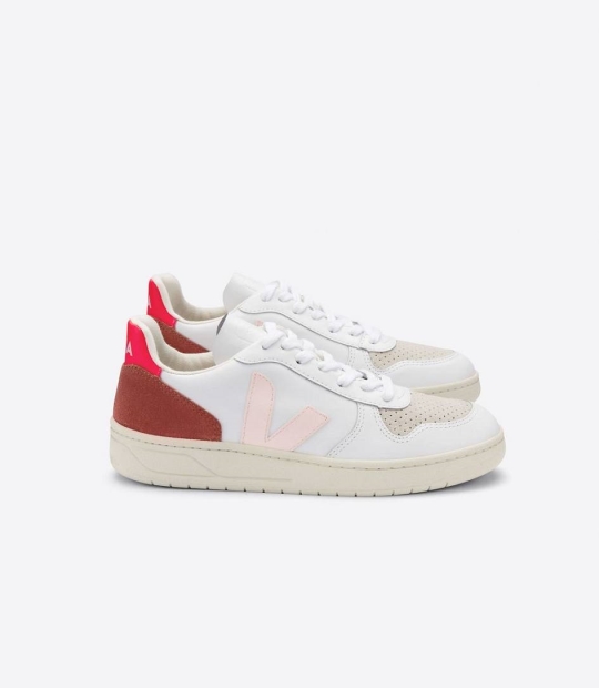 Veja V-10 Leather Women's Trainers White Petale Rose Fluo | ODG340217