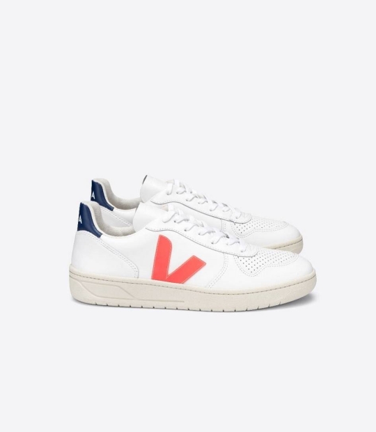 Veja V-10 Leather Women's Trainers White Orange-Fluo Cobalt | SXM392675