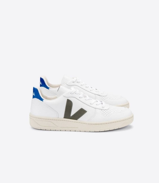 Veja V-10 Leather Women's Trainers White Kaki Indigo | WUB945263