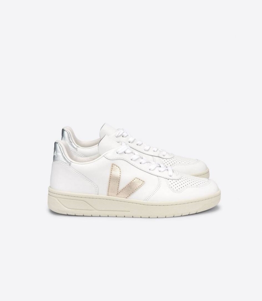 Veja V-10 Leather Women's Trainers White Petale Rose Fluo | XWY439158