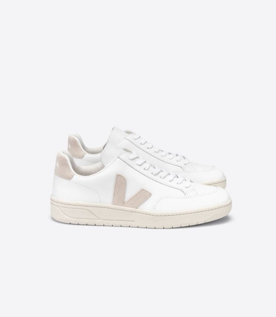 Veja V-12 Leather Men's Sneakers White Sable | HKA851736